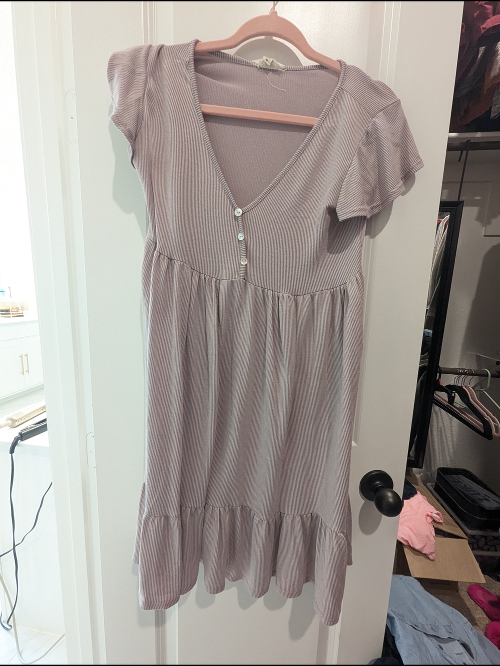 See You Monday Mauve Ribbed Mini Dress with Ruffle Hem